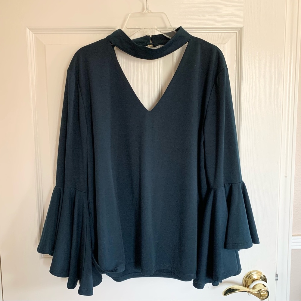 EUC MM by My Michelle Dark Teal/Blue Choker Bell Sleeve Blouse w/ Back Drape, L